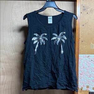 PINK Victoria's Secret Black Tank with Silver Palm Graphics